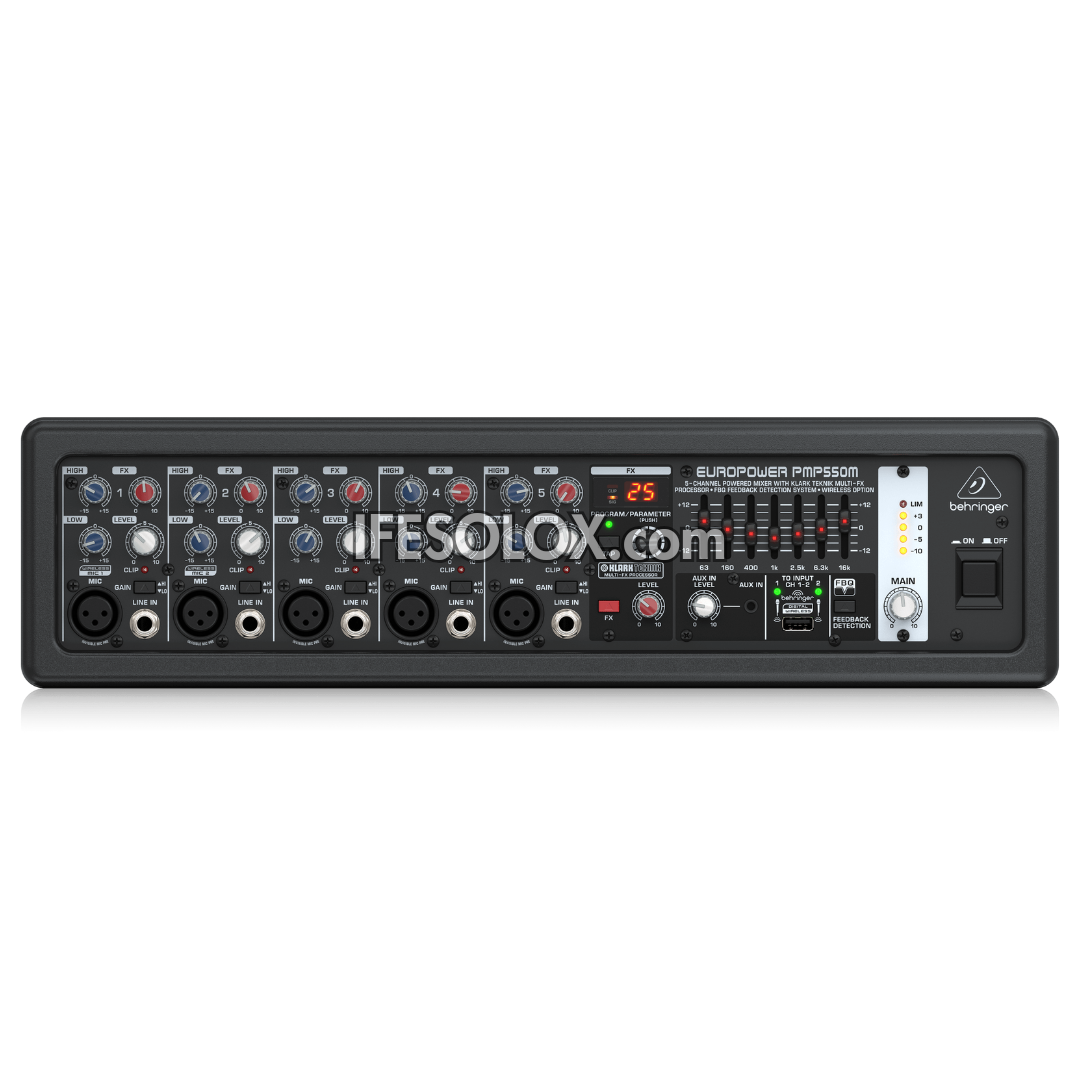 Behringer EUROPOWER PMP550M 5-Channel Powered Mixer with Klark Teknik Multi-FX Processor, Wireless Option - Brand New