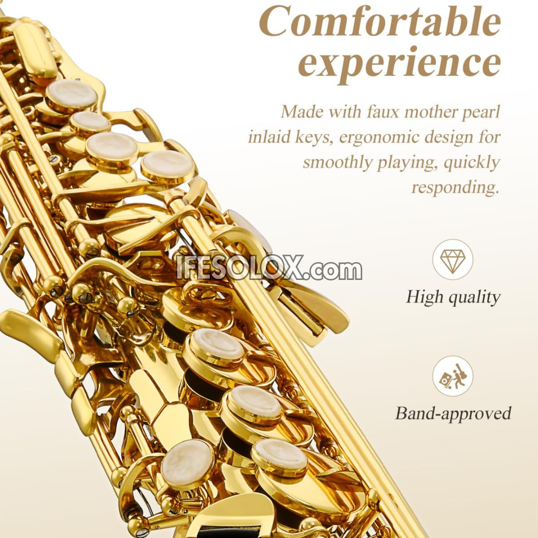 Gold Lacquered Soprano Saxophone with Stand for Beginners, Professionals and Concerts - Brand New