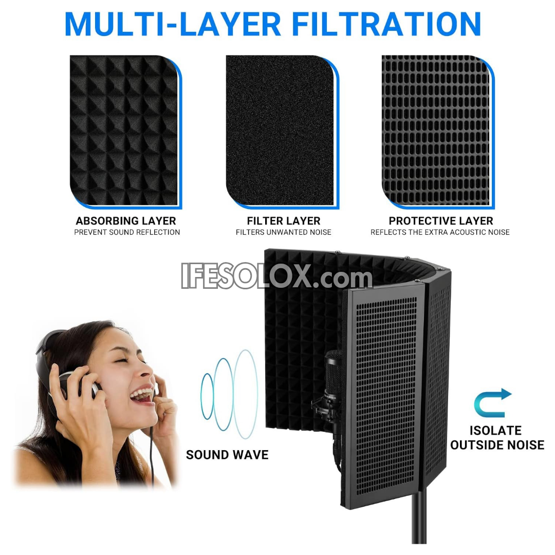 Professional 5-Panel Collapsible Microphone Isolation Shield for Podcast and Studio - Brand New