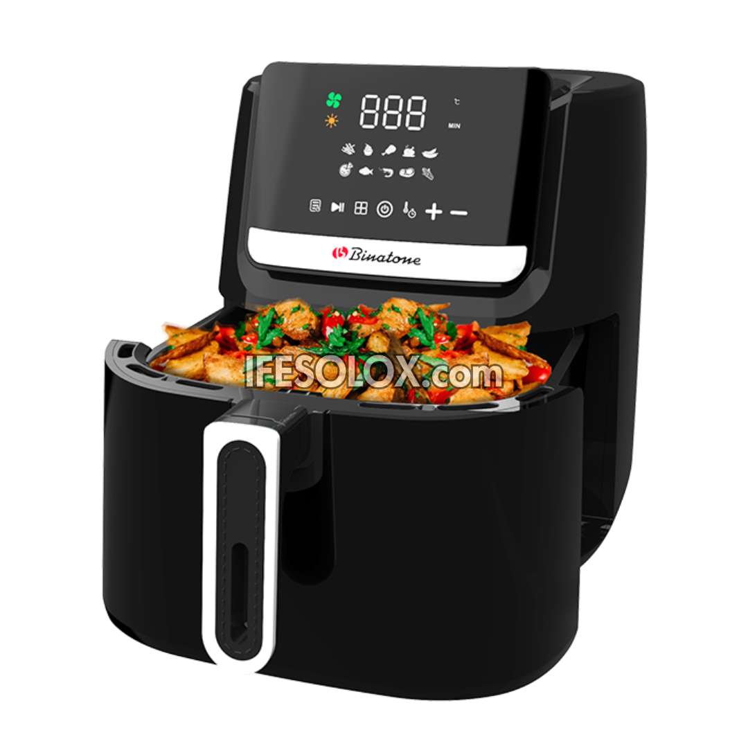 Black binatone baf-6500 air fryer with digital display showing cooking time, filled with food, on a white background.