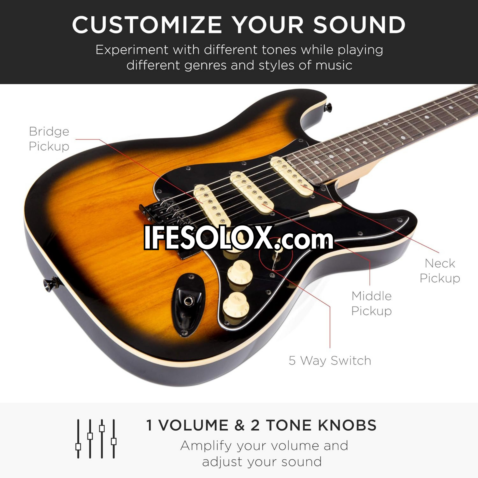 Classic 39" Sunburst 6-String 22-Flet Electric Lead Guitar with 3 Control Knob - Brand New