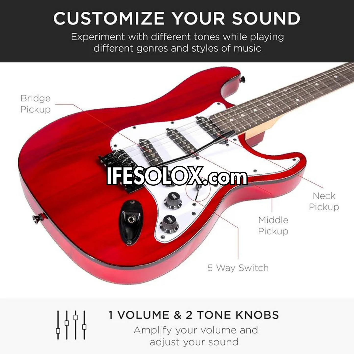 Guitare électrique classique rouge à 6 cordes et 22 flets de 39 pouces avec 3 boutons de commande, flambant neuf