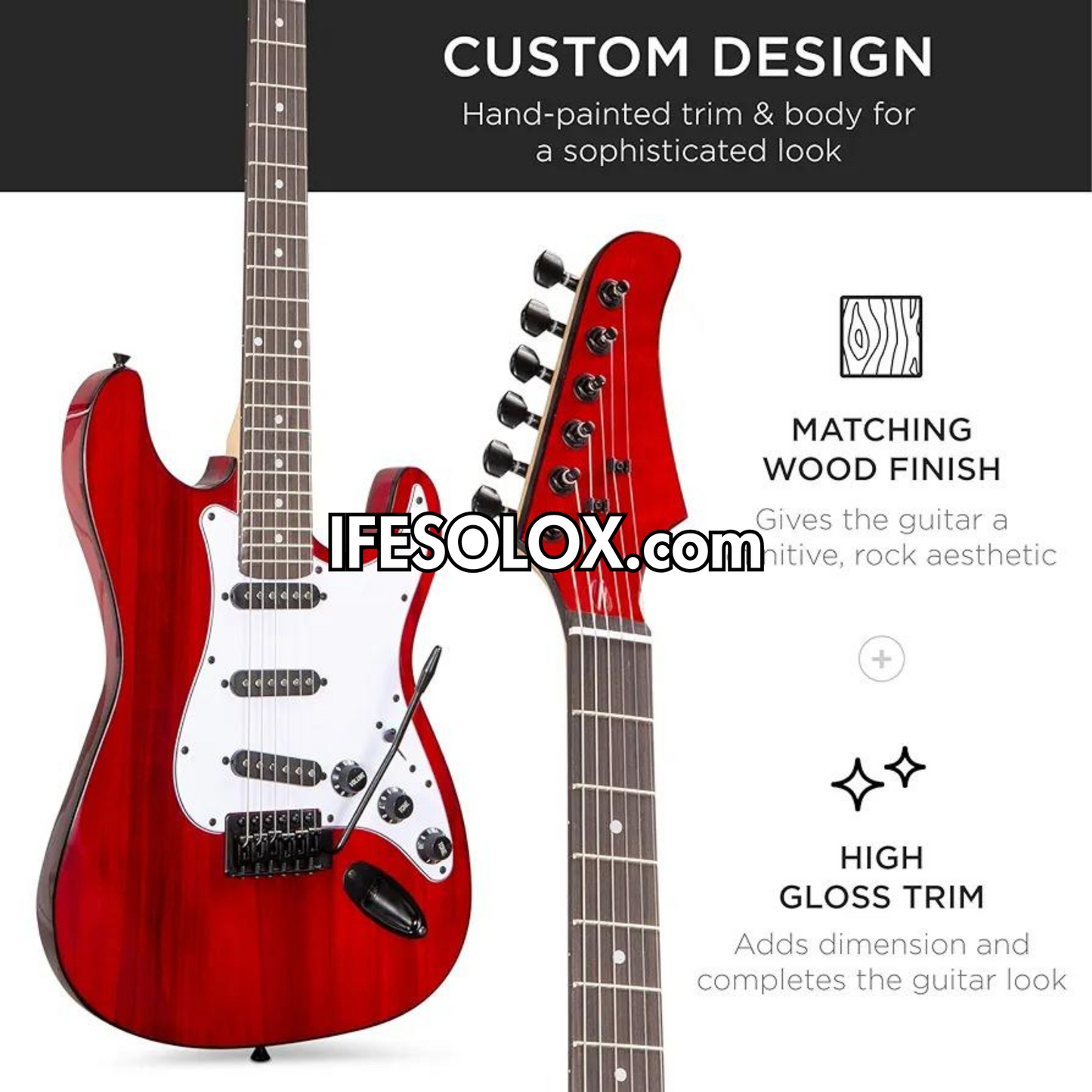 Guitare électrique classique rouge à 6 cordes et 22 flets de 39 pouces avec 3 boutons de commande, flambant neuf