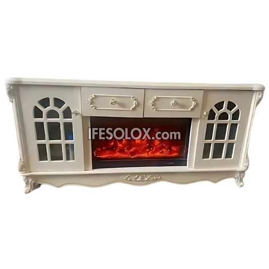 Premium FP007W Fireplace TV Stand with Square Outline and Drawers (White)