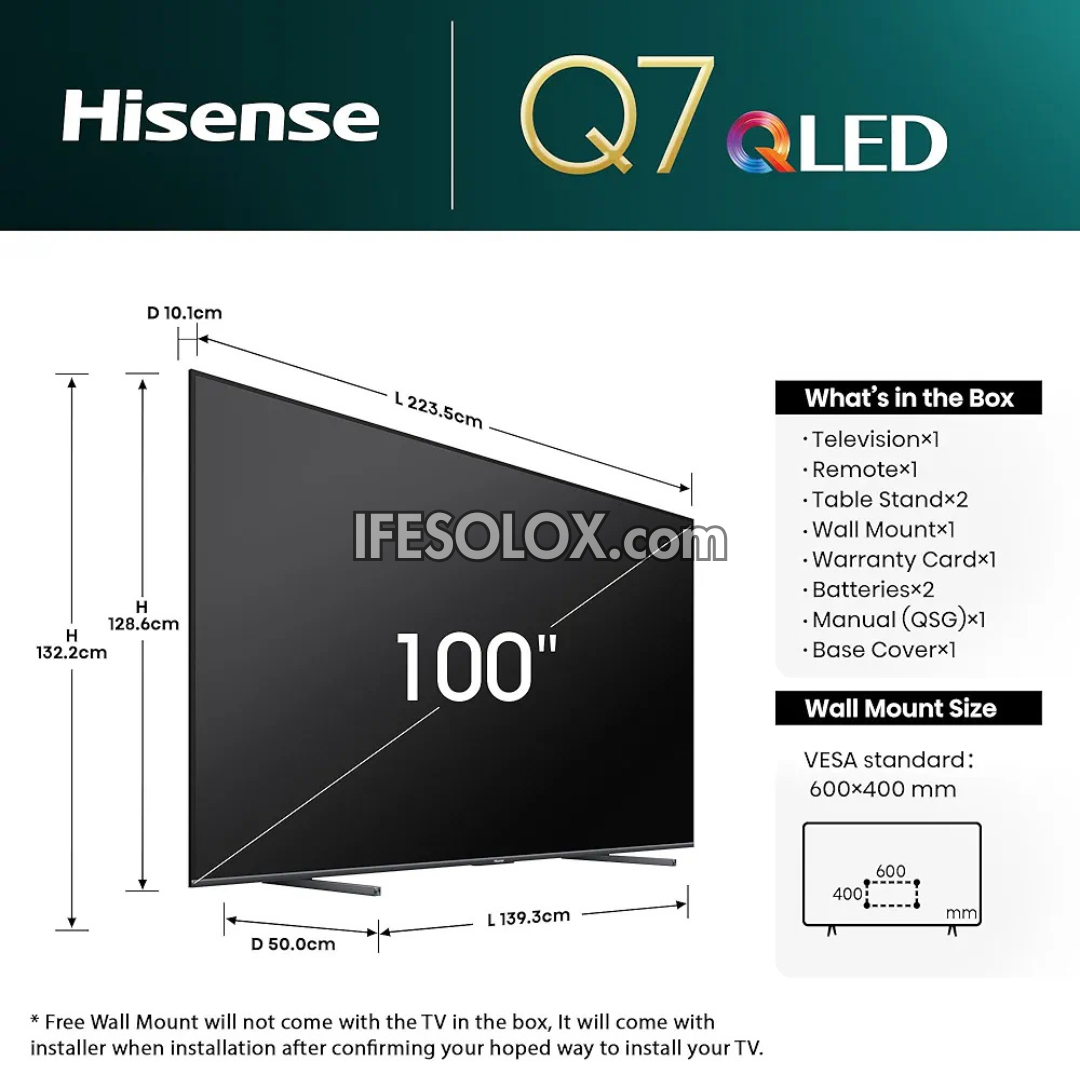 Hisense 100 pouces QLED 100Q7N Quantum HDR 144Hz Smart 4K UHD QLED TV + 1 an de garantie (support mural gratuit) - Tout neuf