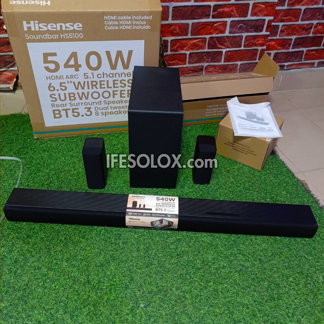 Hisense HS5100 5.1Ch 540W Bluetooth Sound Bar with Wireless Subwoofer and Rear Speakers - Brand New