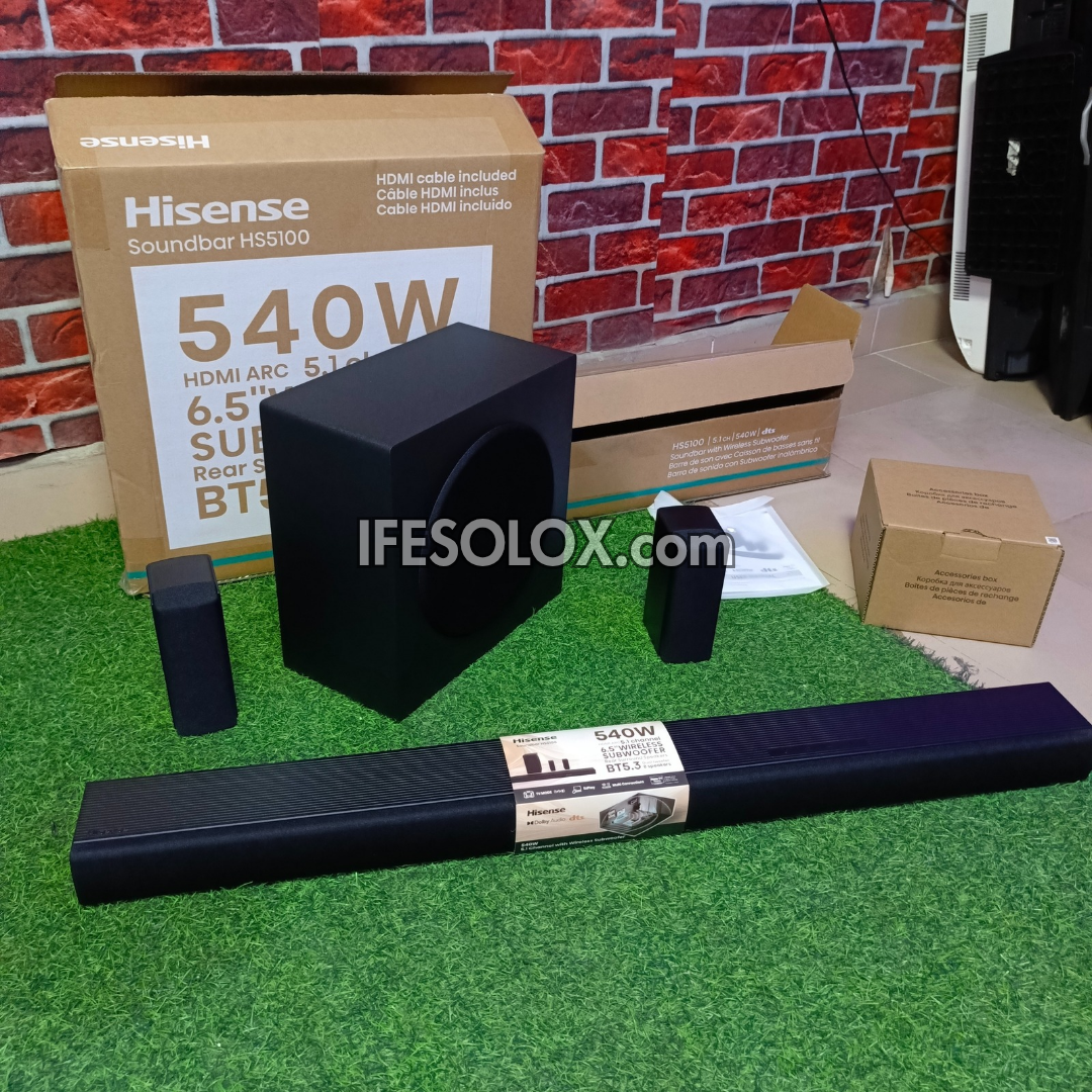 Hisense HS5100 5.1Ch 540W Bluetooth Sound Bar with Wireless Subwoofer and Rear Speakers - Brand New
