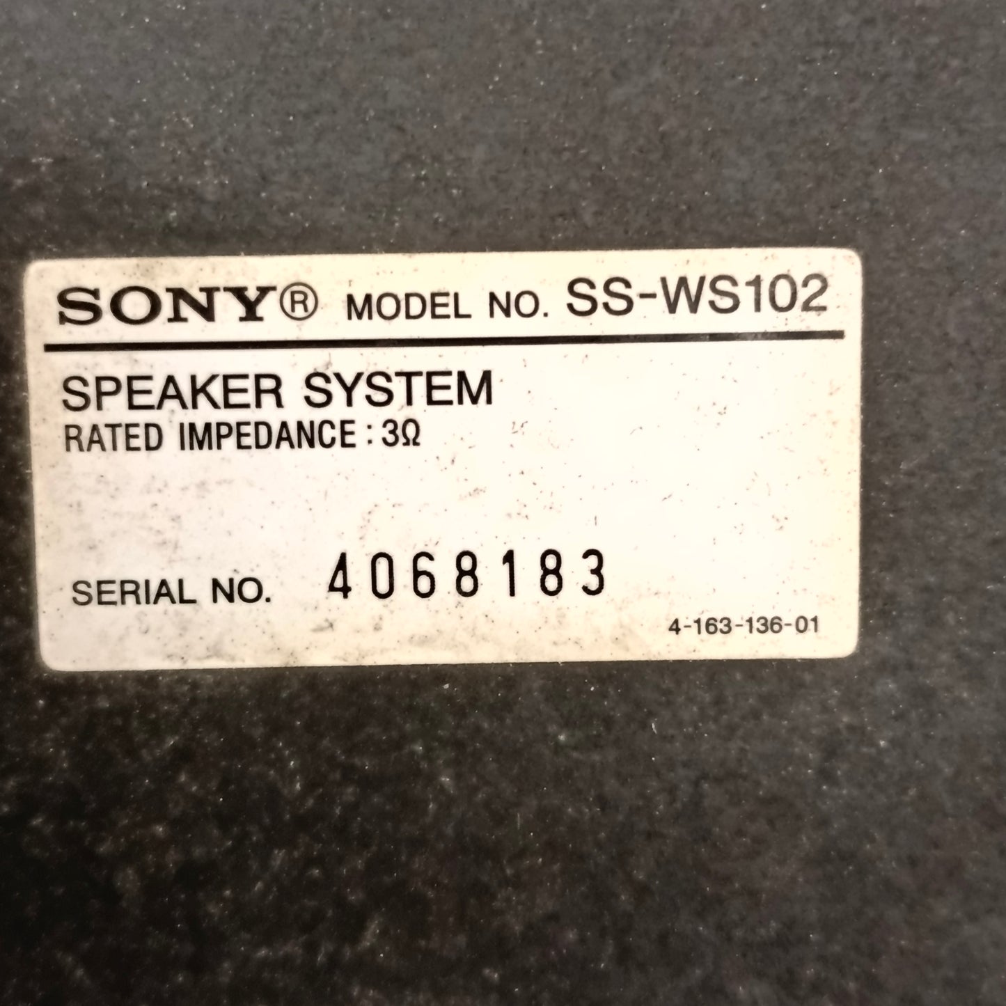 SONY SS-WS102 3ohms Home Theater Passive Subwoofer - Foreign Used
