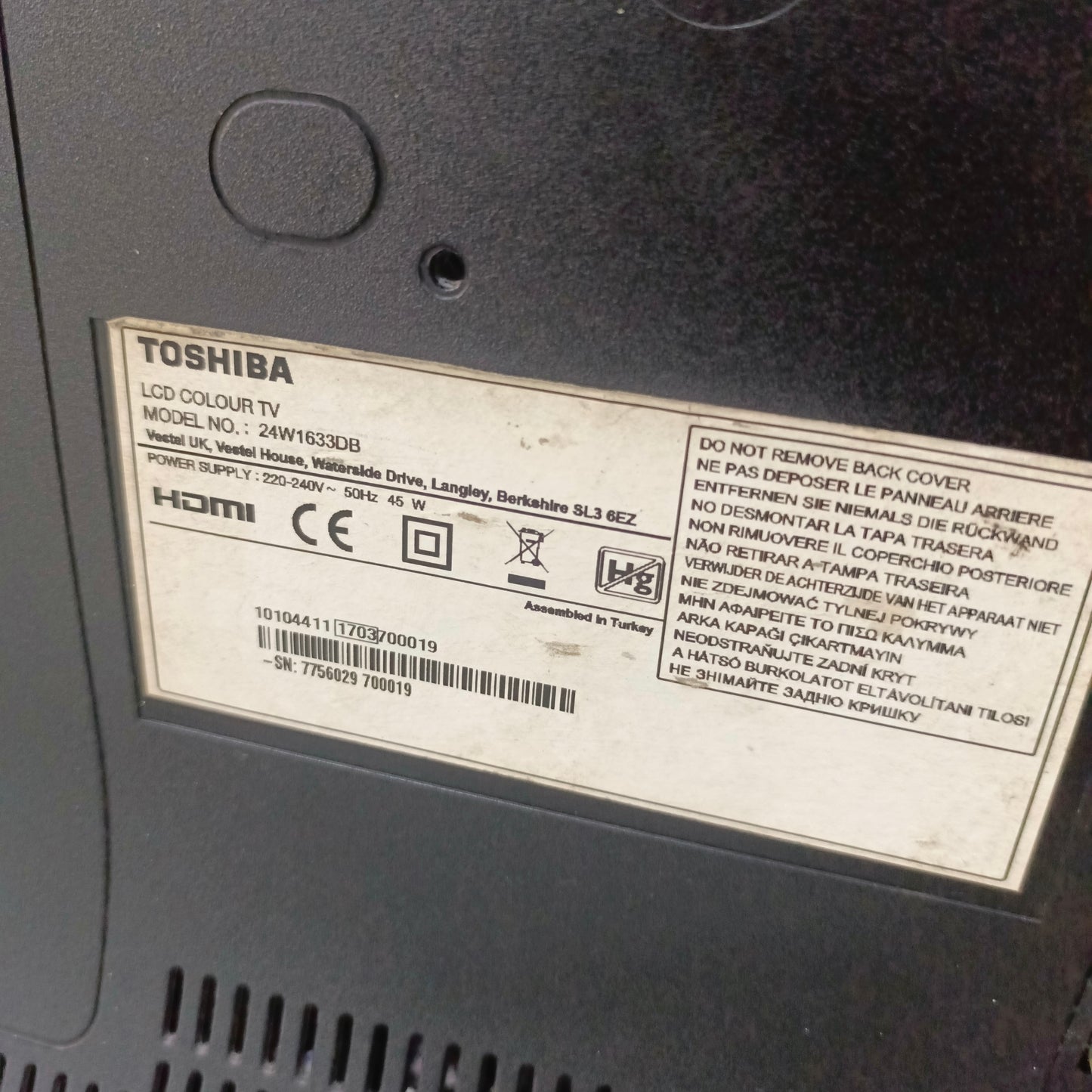 Toshiba 24 inch 24W1633DB Full HD LED TV (USB Enabled) - model number sticker