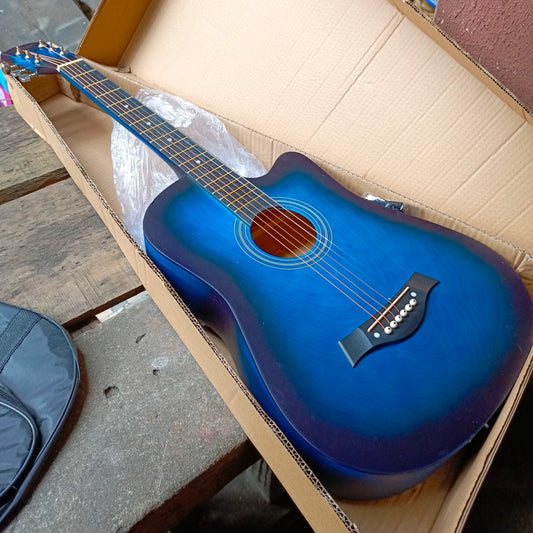 Classic 38" Blue Single-cut Acoustic Guitar with Belt and Bag - Brand New