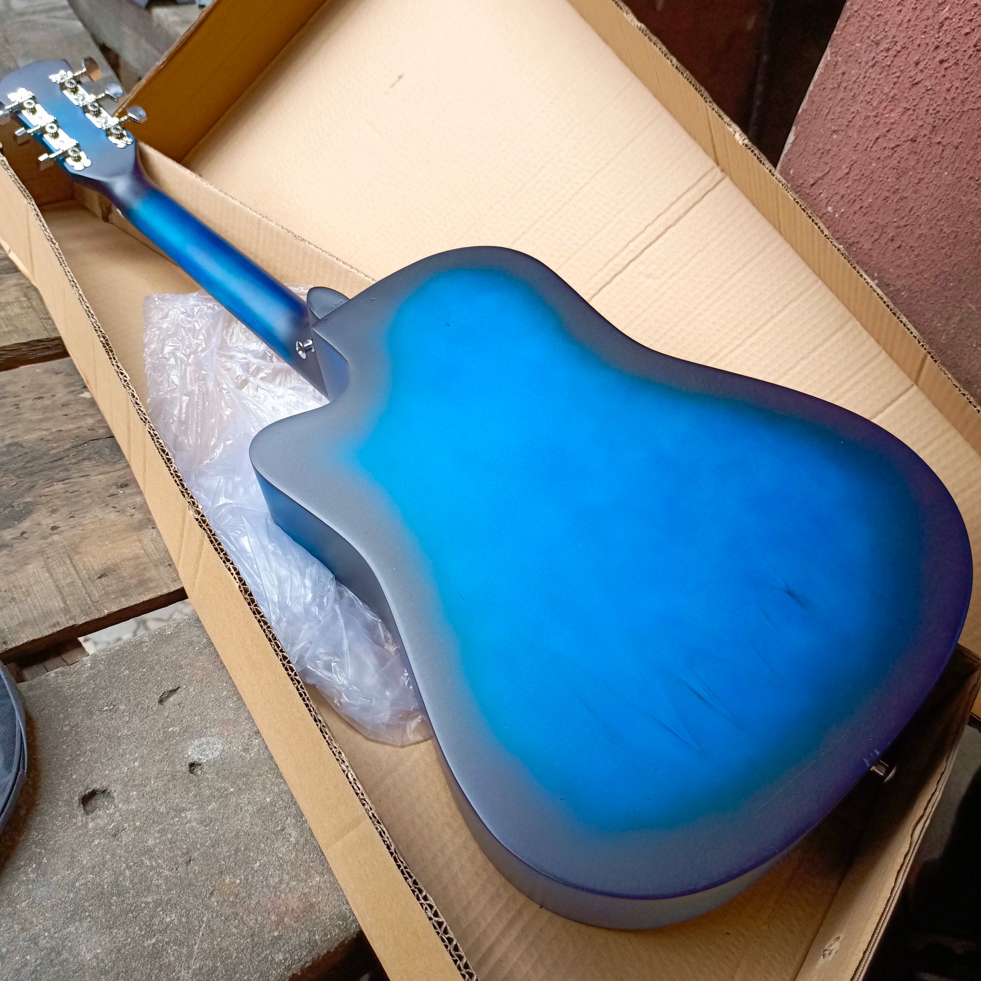 Classic 38" Blue Single-cut Acoustic Guitar with Belt and Bag - Brand New