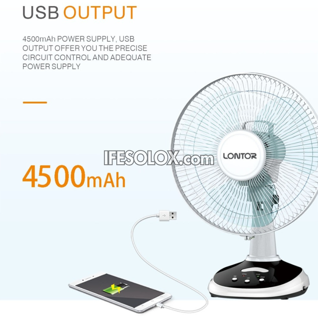 LONTOR 12" Rechargeable Standing Table Fan with 3-Blades (CTL-CF025-12) - Brand New