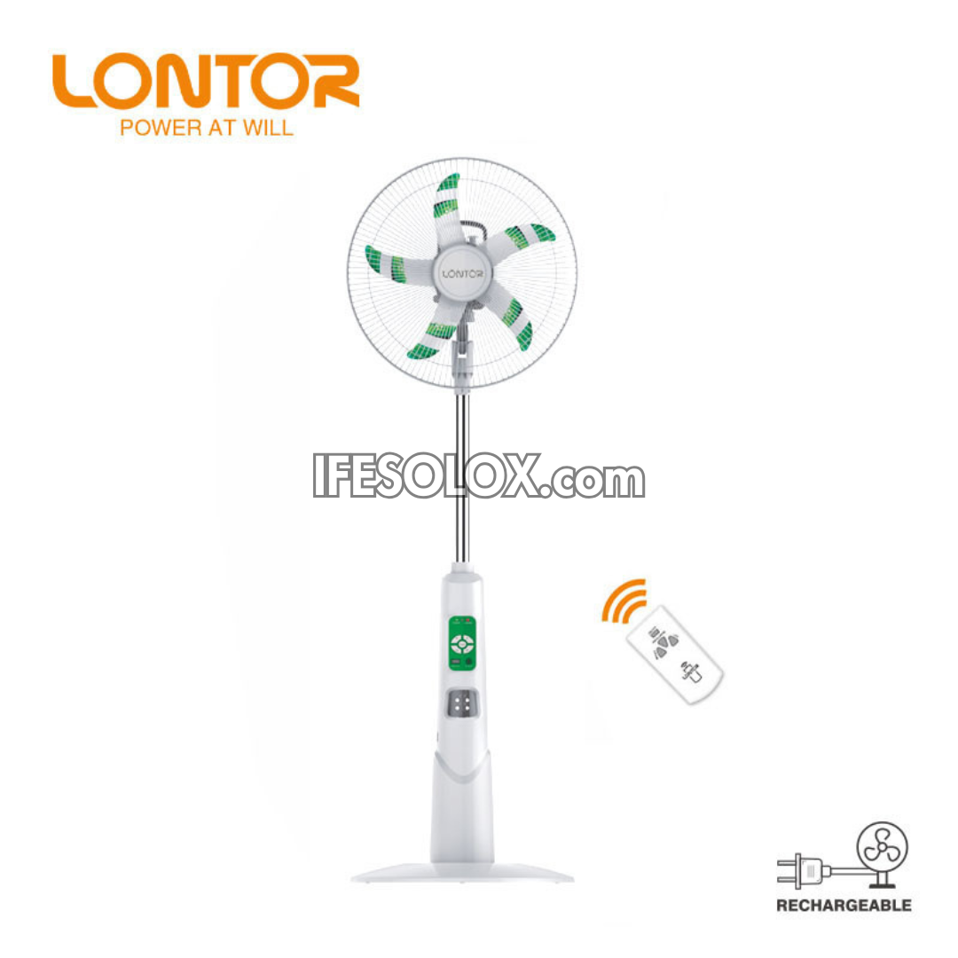 Ventilateur solaire sur pied rechargeable LONTOR de 16 po avec 5 pales, télécommande et veilleuse (CTL-CF034R-16-C) - Tout neuf