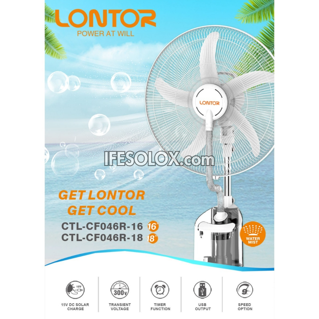 Ventilateur sur pied à brumisation solaire rechargeable LONTOR de 18 po avec 5 pales et télécommande (CTL-CF046R-18) - Tout neuf