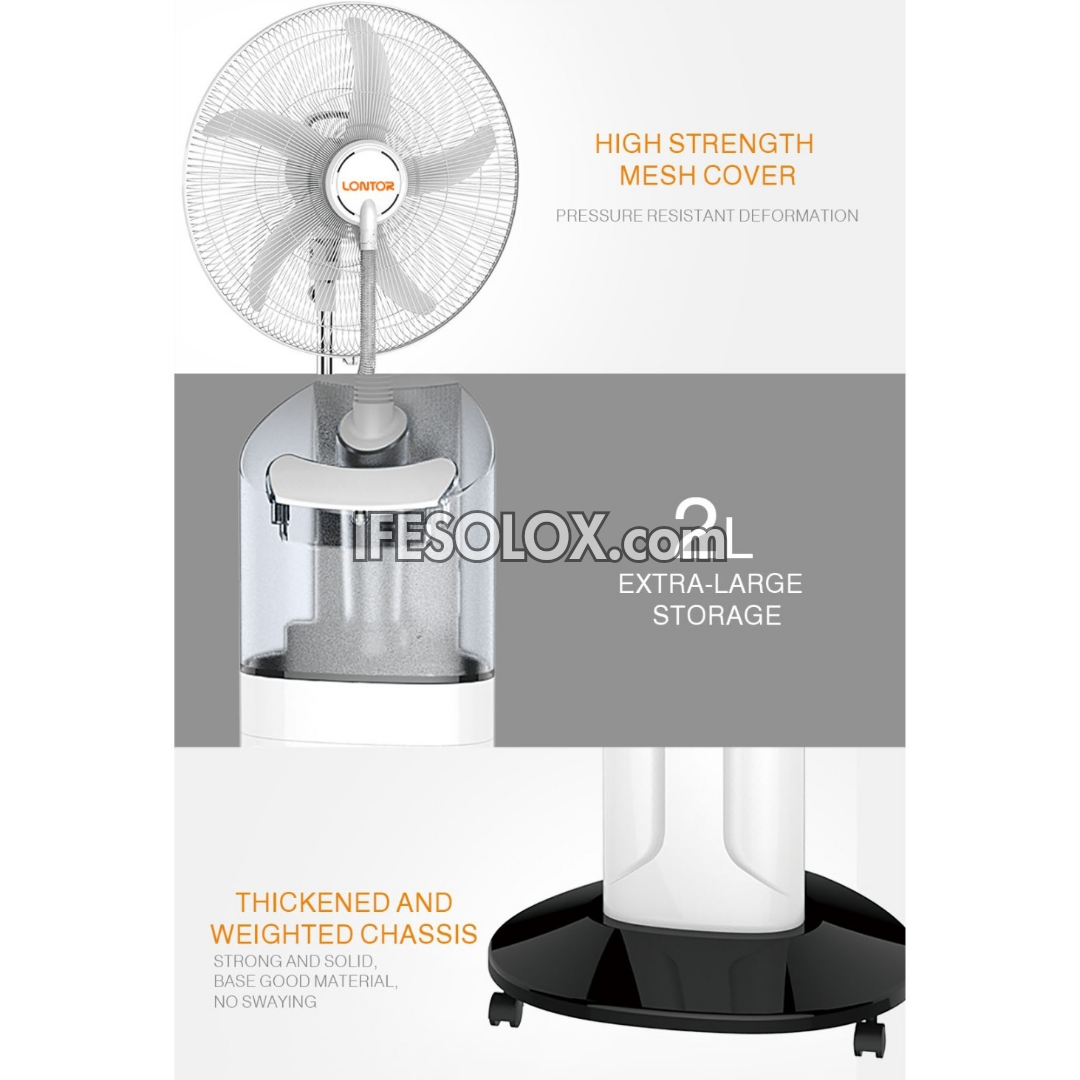 Ventilateur sur pied à brumisation solaire rechargeable LONTOR de 18 po avec 5 pales et télécommande (CTL-CF046R-18) - Tout neuf