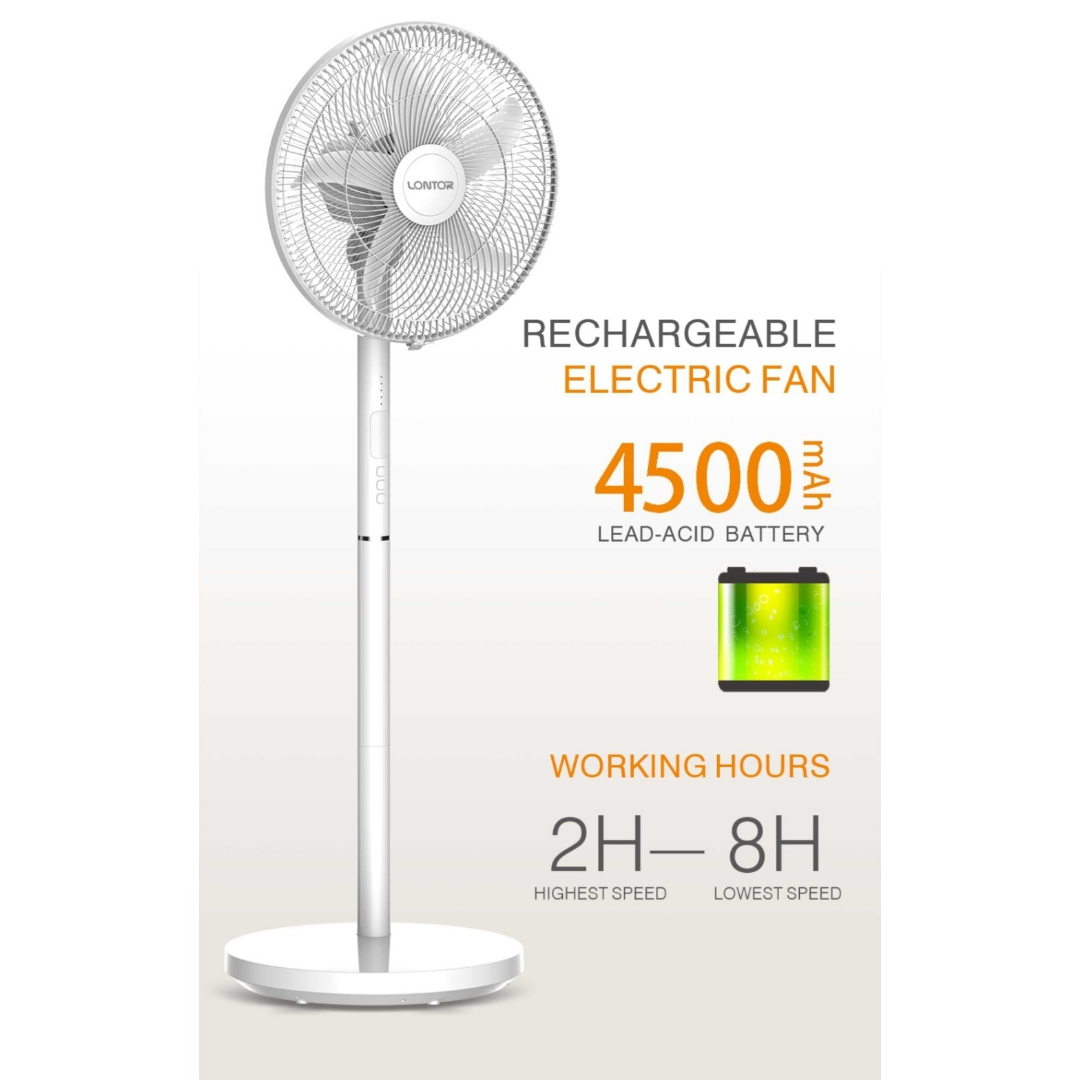 LONTOR 16" Rechargeable Standing Fan with Remote, 5-Blades, Night Light and Detachable Pole (CTL-CF058R-16) - Brand New