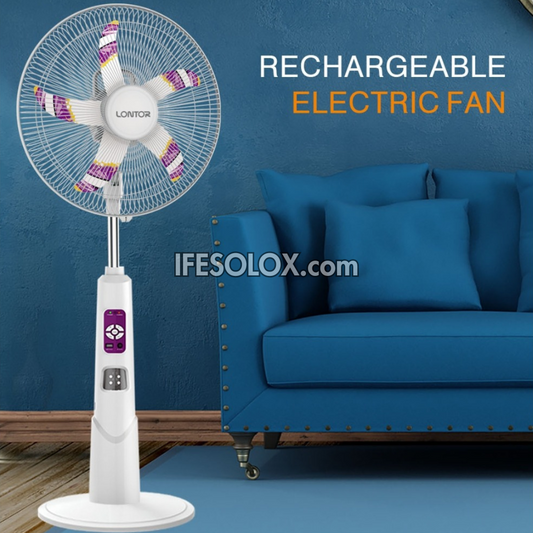Ventilateur solaire sur pied rechargeable LONTOR de 18 po avec 5 pales, télécommande et veilleuse (CTL-CF034R-18-C) - Tout neuf