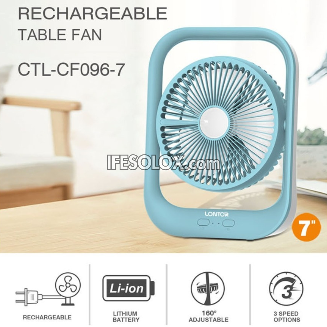 LONTOR 7" Rechargeable Mini Table Fan with 3-Blades and Harmonious Night Light (CTL-CF096-7) - Brand New