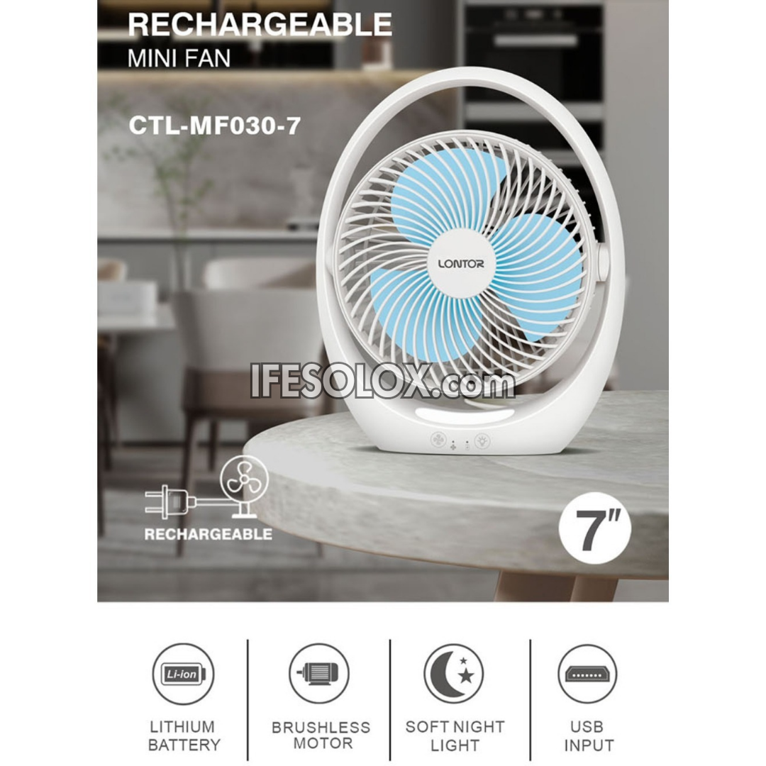 LONTOR 7" Rechargeable Mini-Fan with 3-Blades and Harmonious Night Light (CTL-MF030-7) - Brand New