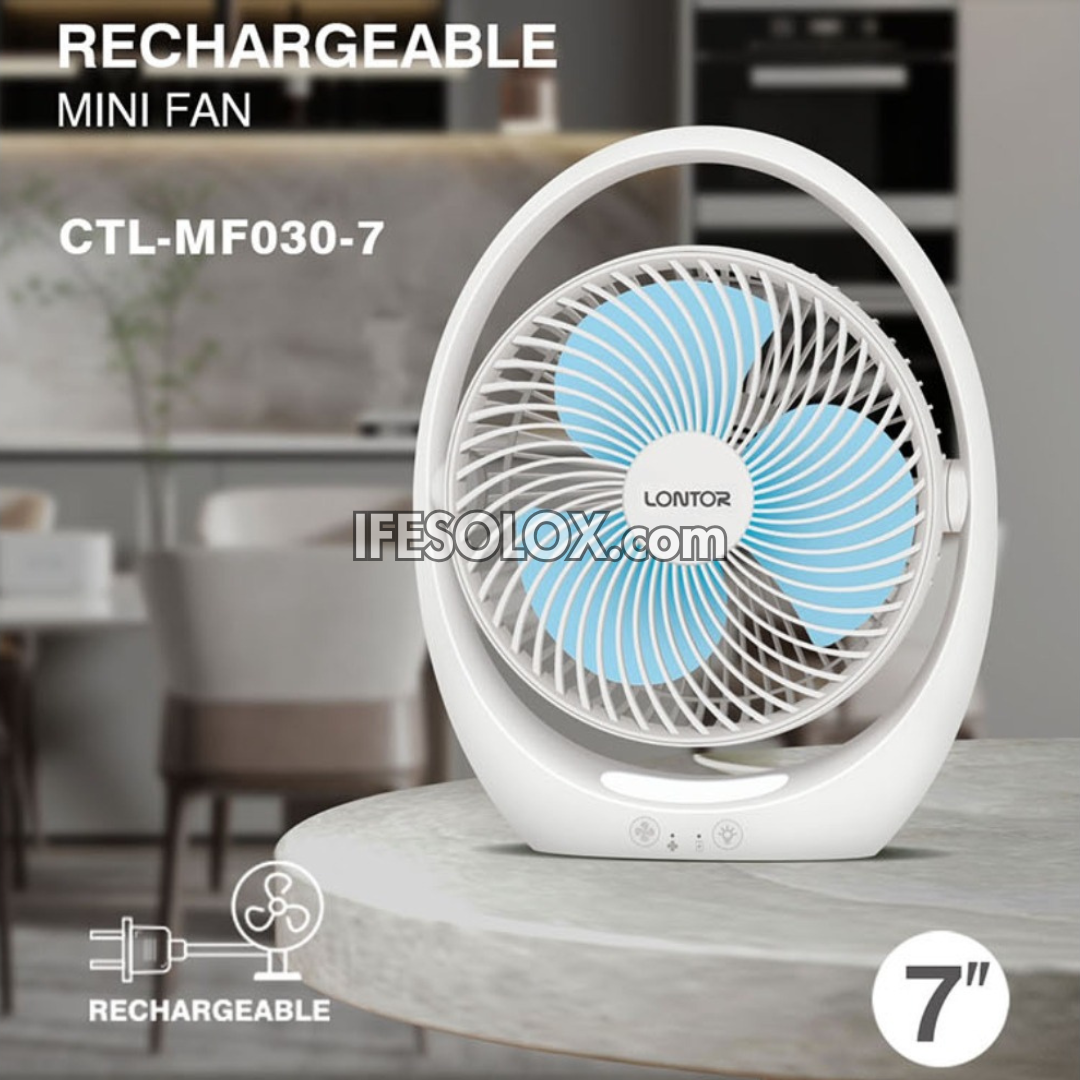 LONTOR 7" Rechargeable Mini-Fan with 3-Blades and Harmonious Night Light (CTL-MF030-7) - Brand New