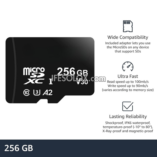 Micro SDXC 256GB Memory Card (A2, U3) with Full Size SD Adapter - Brand New