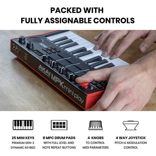 AKAI Professional MPK Mini Play MK3 USB MIDI Keyboard Controller with Built in Speaker, 8 MPC Drum Pads and 4 Rotary Knobs - Brand New