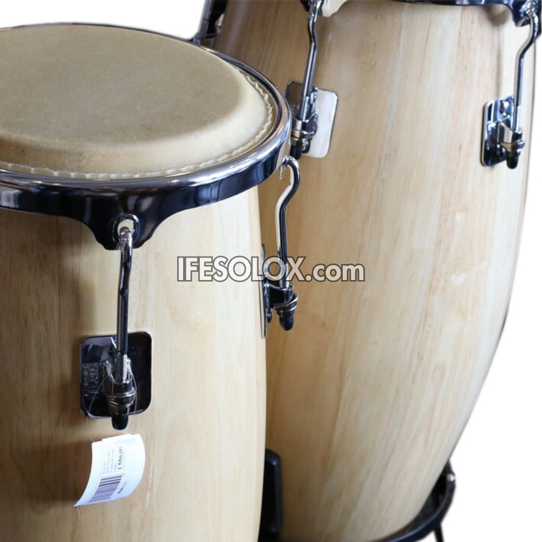 Premium 21-inch Double Conga Drum Set with Natural Satin Finish and a Height Adjustable Basket Stand - Brand New