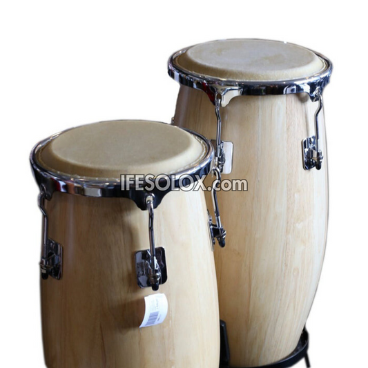 Premium 21-inch Double Conga Drum Set with Natural Satin Finish and a Height Adjustable Basket Stand - Brand New