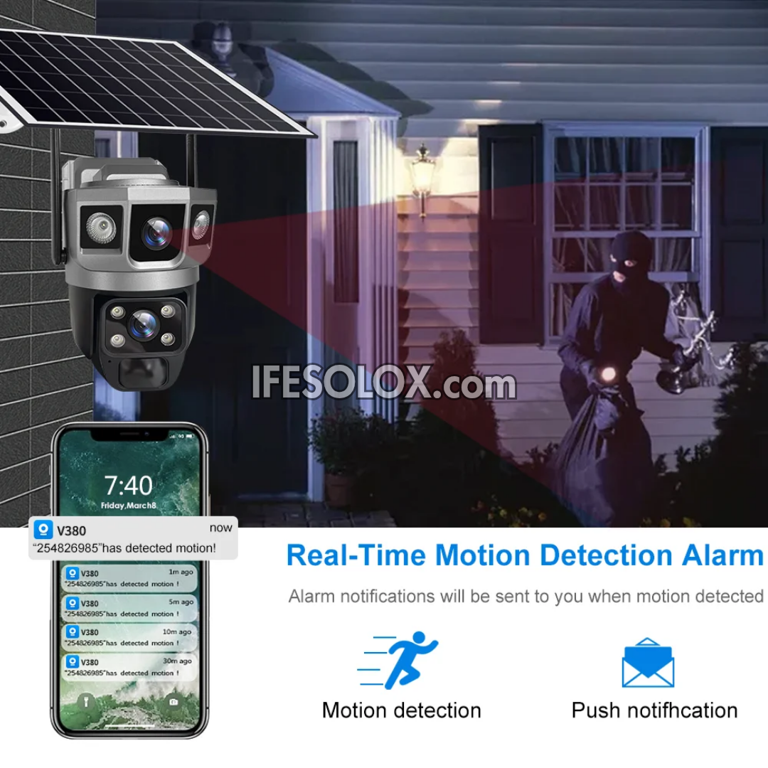 SLX 5MP Dual Lens Solar IP Camera
(1 Panoramic Bullet Camera and 1 PTZ Camera) with Wi-Fi, 4G SIM, Night Vision, 2-way Audio and Motion Detection - Brand New