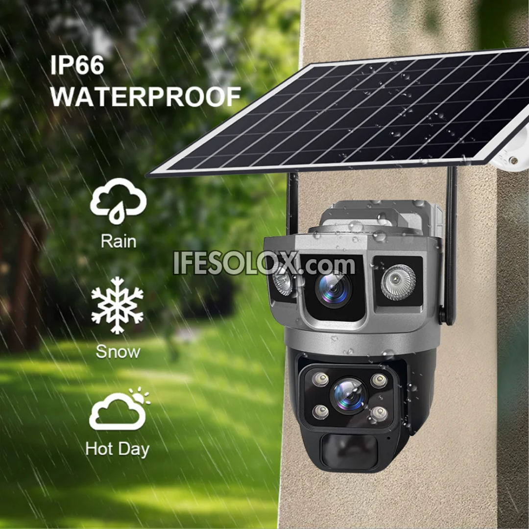 SLX 5MP Dual Lens Solar IP Camera
(1 Panoramic Bullet Camera and 1 PTZ Camera) with Wi-Fi, 4G SIM, Night Vision, 2-way Audio and Motion Detection - Brand New