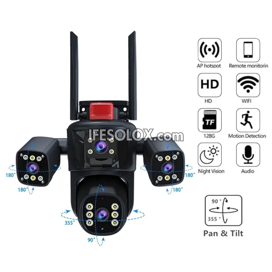 SLX 5MP Four Lens Solar IP Camera (3 Bullet Camera and 1 PTZ Camera) with WiFi, 4G SIM, Night Vision, 2-way Audio and Motion Detection - Brand New
