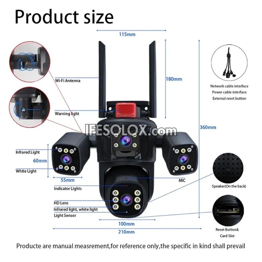 SLX 5MP Four Lens Solar IP Camera (3 Bullet Camera and 1 PTZ Camera) with WiFi, 4G SIM, Night Vision, 2-way Audio and Motion Detection - Brand New