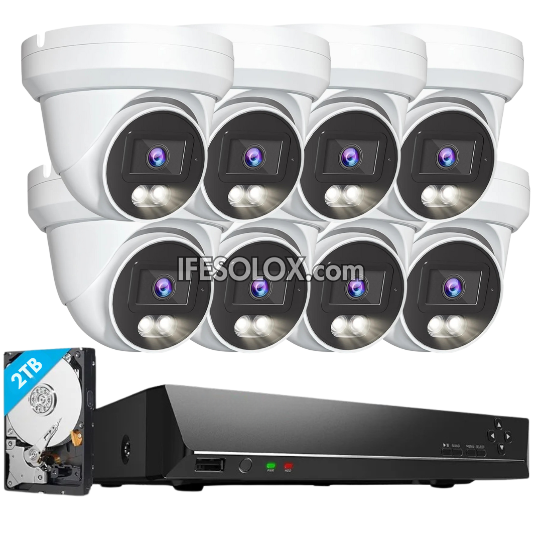 SLX 5MP PoE Security IP CCTV System Bundle with 8 Night Vision Turret Cameras, 8Ch NVR, 2TB HDD, CAT6 cable and Connectors - Brand New