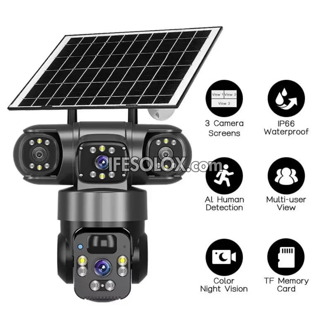 SLX 5MP Triple Lens Solar IP Camera (2 Bullet Camera and 1 PTZ Camera) with WiFi, 4G SIM, Night Vision, 2-way Audio and Motion Detection