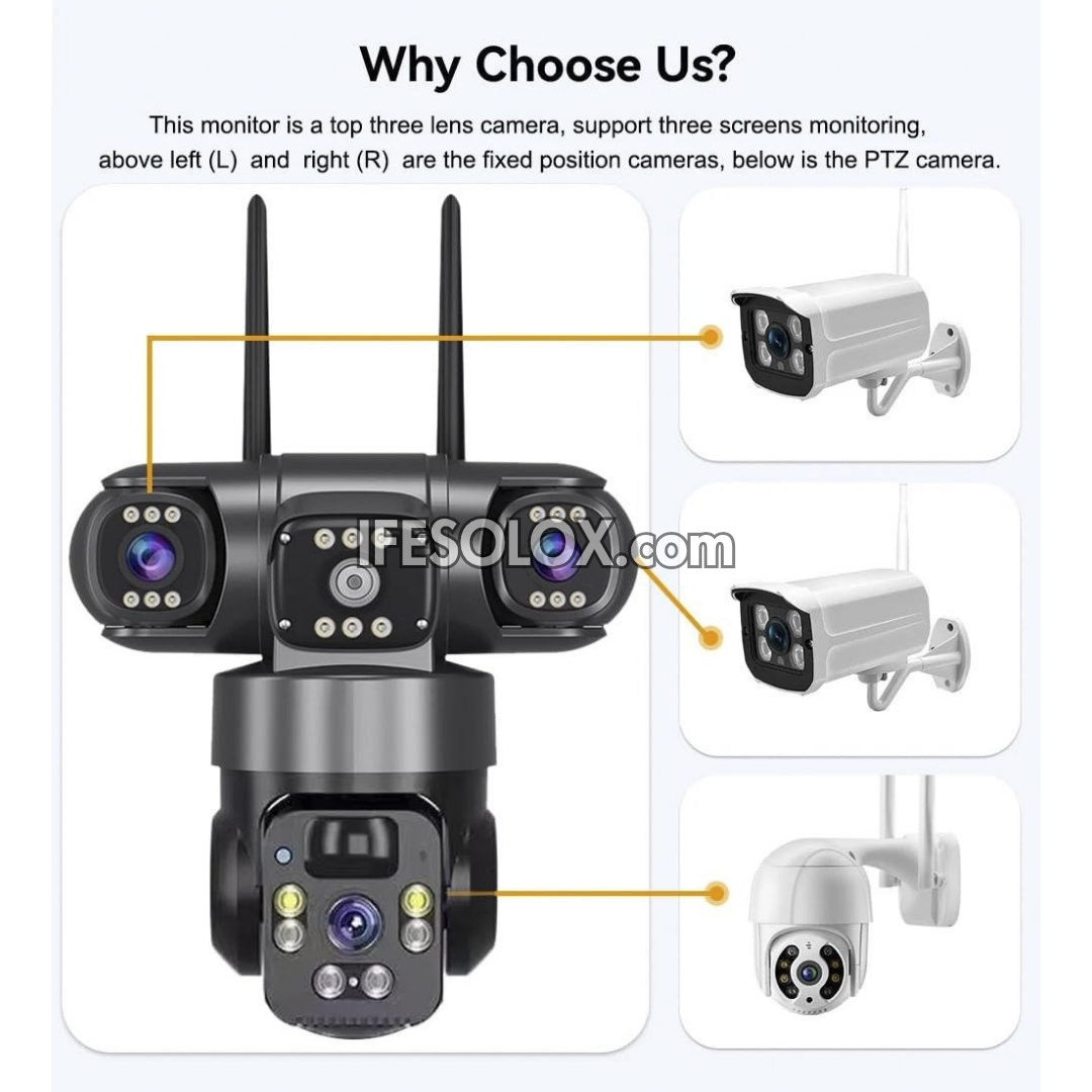 SLX 5MP Triple Lens Solar IP Camera (2 Bullet Camera and 1 PTZ Camera) with WiFi, 4G SIM, Night Vision, 2-way Audio and Motion Detection