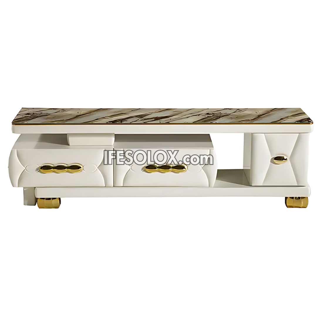 CHIDEC TVS008 Glossy White Triple Drawer Television Stand with Vintage Top Design