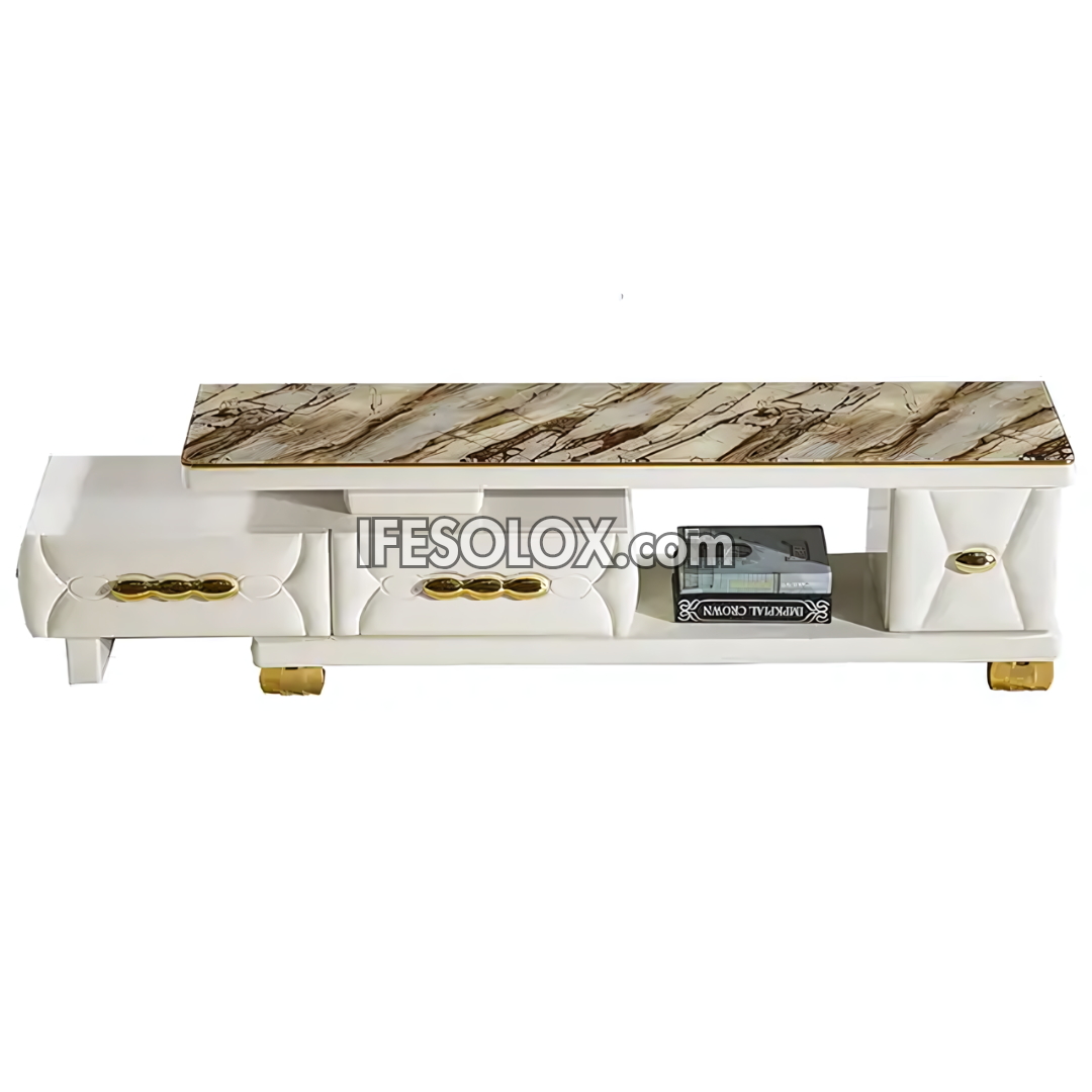 CHIDEC TVS008 Glossy White Triple Drawer Television Stand with Vintage Top Design