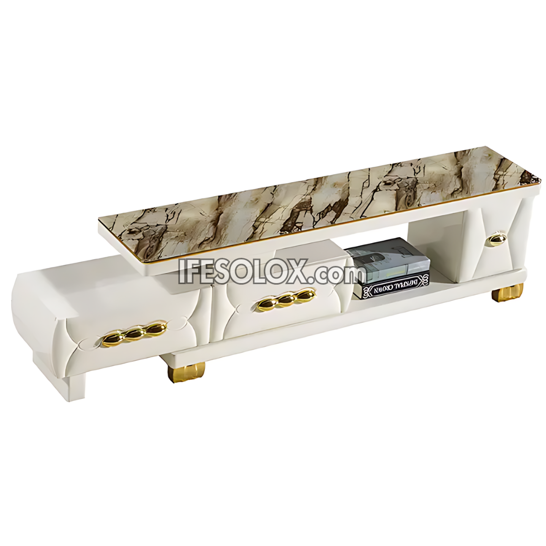 CHIDEC TVS008 Glossy White Triple Drawer Television Stand with Vintage Top Design