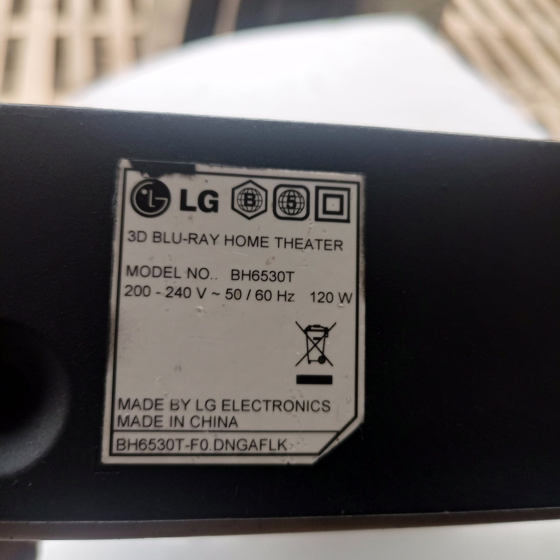 LG BH6530T 5.1 channel 3D Blu-ray Home Theater Machine - Model sticker