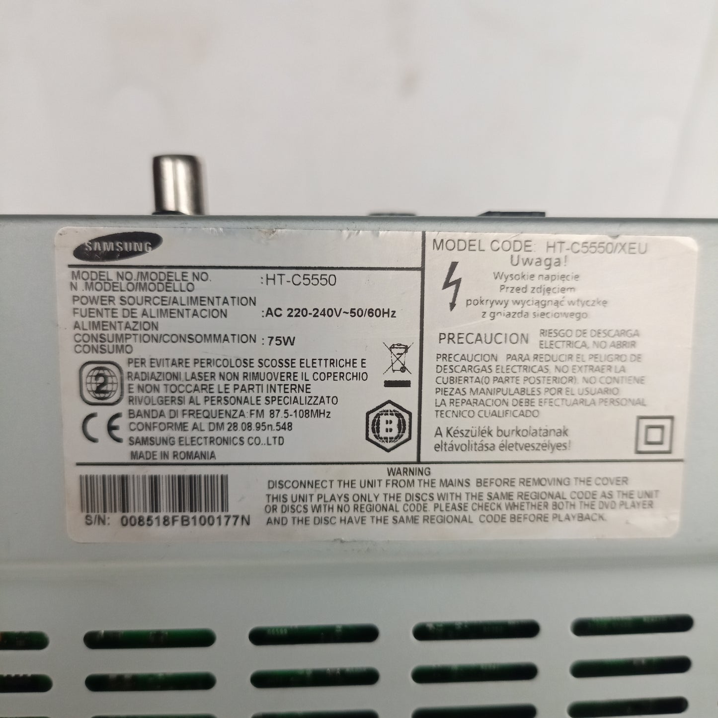Samsung HT-C5550 1000Watts Blu-ray 3D DVD Home Theater Machine Head - Model number sticker