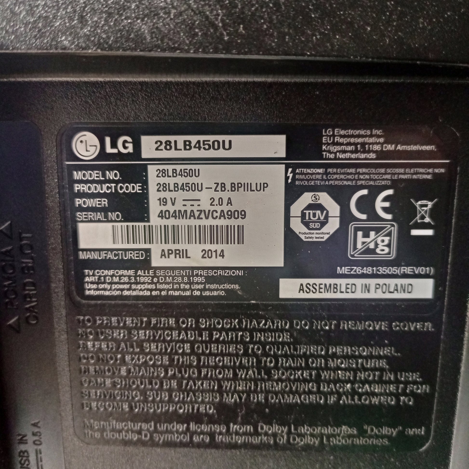 LG 28 Inch 28LB450U Full HD 1080p Satellite LED TV (DC-19V) - Model number Sticker