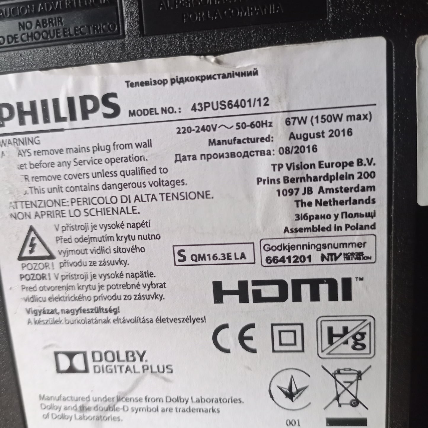 Philips 43 Inch 43PUS6401/12 6000 Series 4K UHD Ultra HDR LED powered by Android TV - UK Used