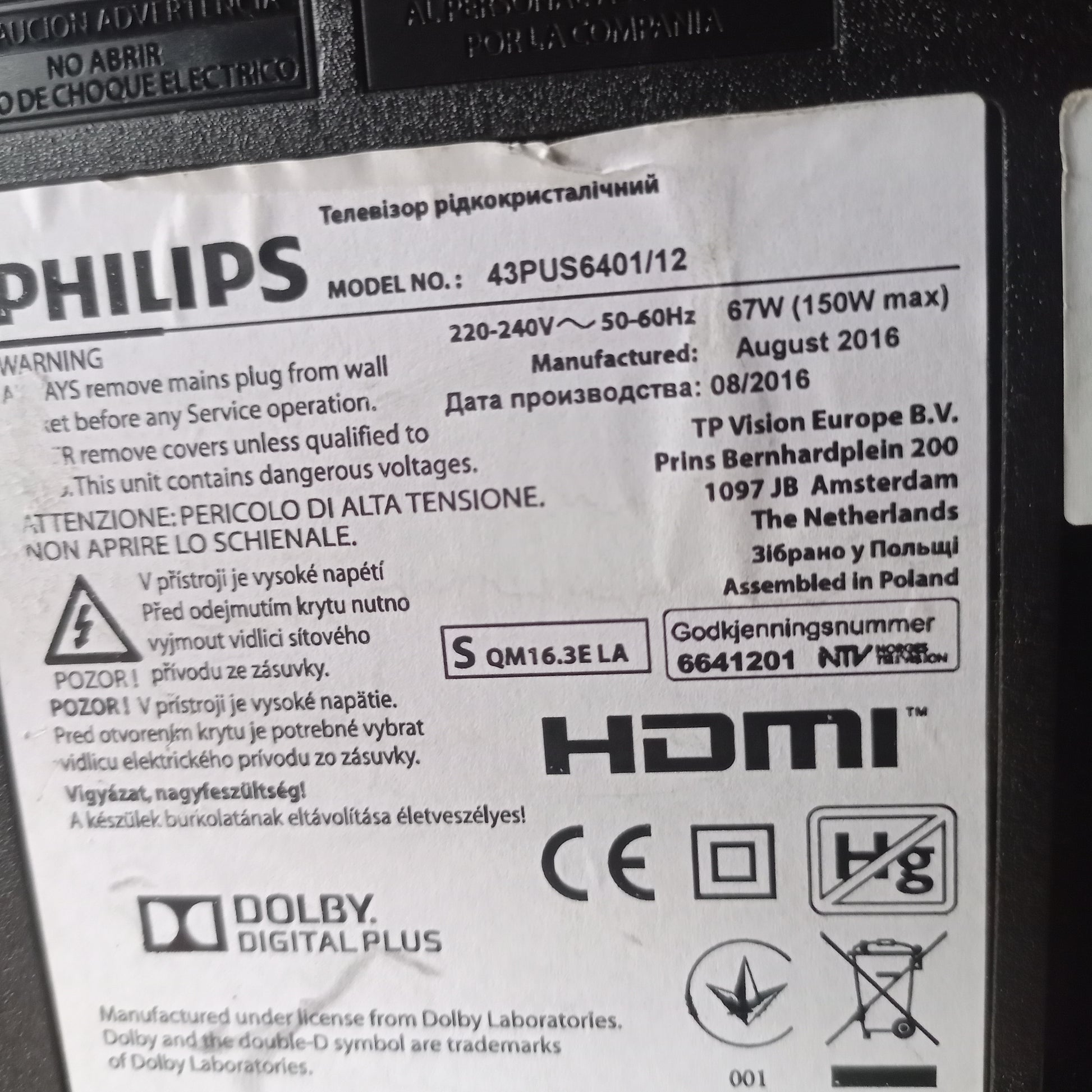 Philips 43 Inch 43PUS6401/12 6000 Series 4K UHD Ultra HDR LED powered by Android TV - UK Used