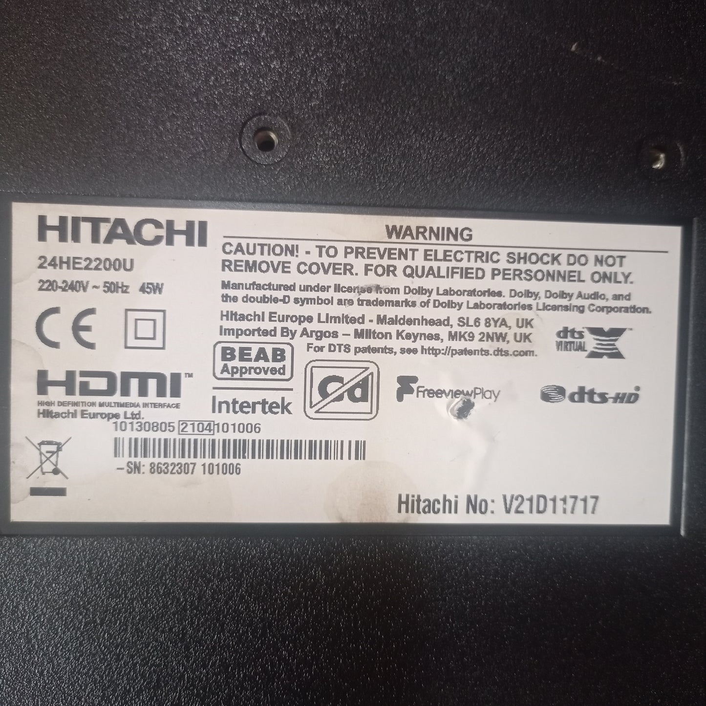 Hitachi 24 Inch 24HE2200U Smart Full HD LED TV (Screen mirroring, Netflix, YouTube) - Model number sticker