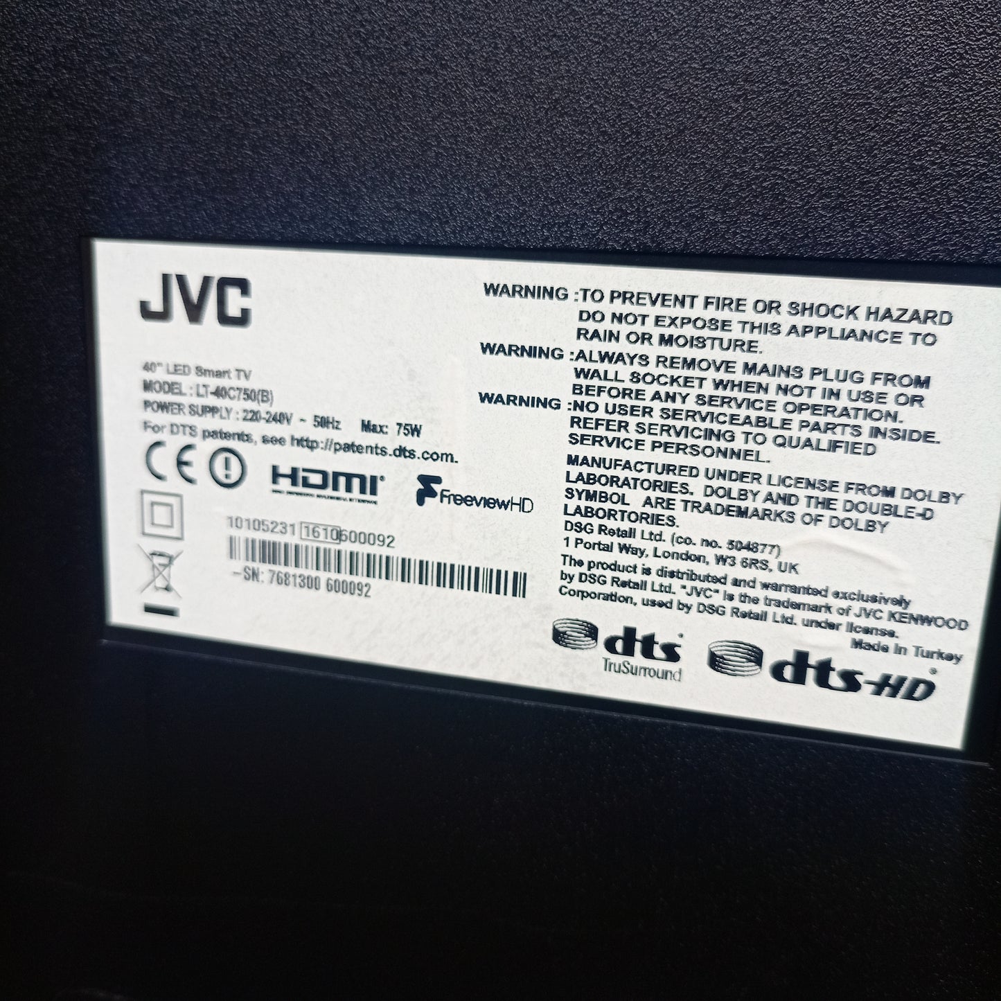JVC 40 Inch LT-40C750 Built-in WiFi Smart Full HD LED TV + Netflix, YouTube - London Used