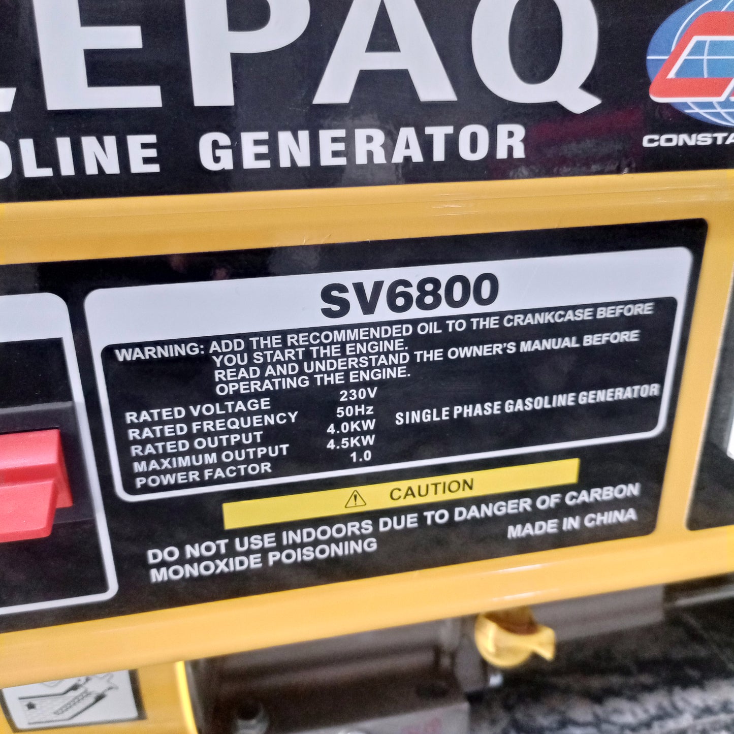 CONSTANT ELEPAQ SV6800 4.8KVA 100% Pure Copper Manual Petrol Generator - Model number sticker