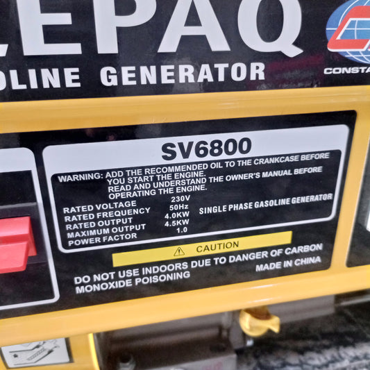 CONSTANT ELEPAQ SV6800 4.8KVA 100% Pure Copper Manual Petrol Generator - Model number sticker