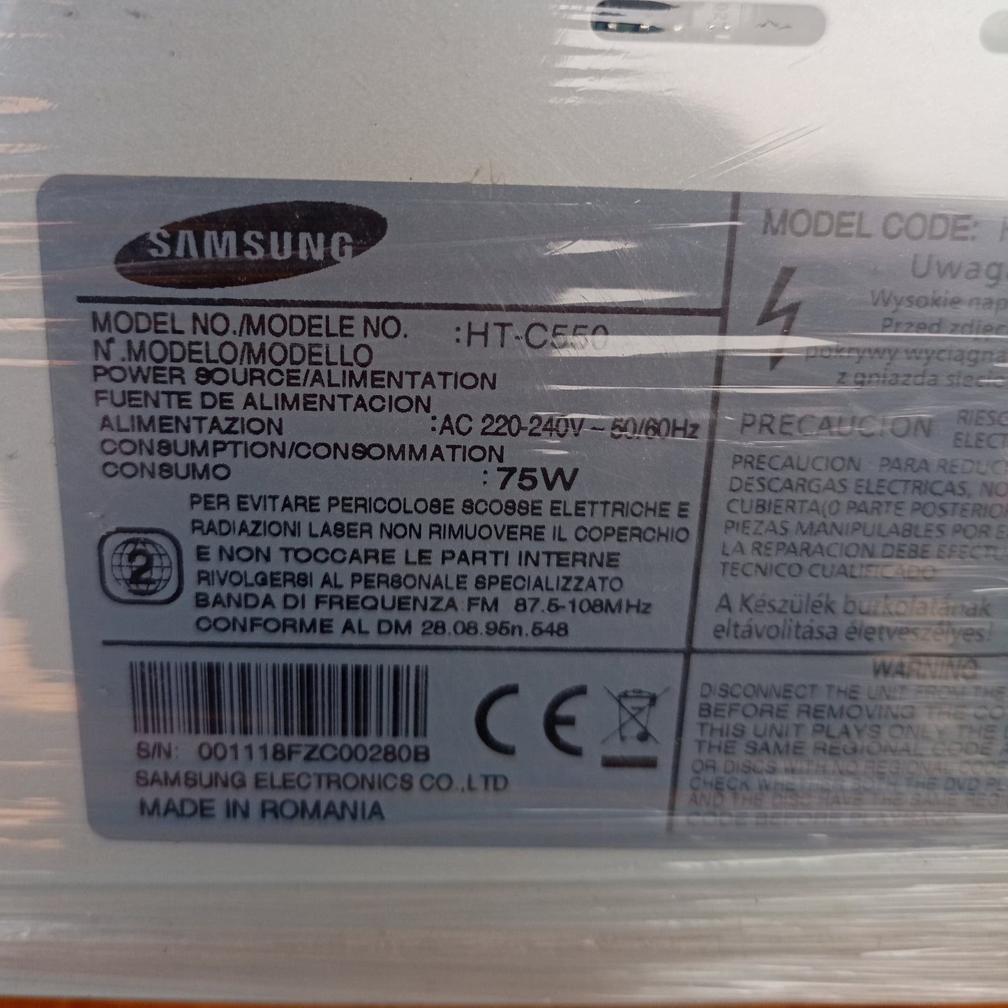 Samsung HT-C550 1000 Watts DVD HOME Theater Machine Head - Model number sticker