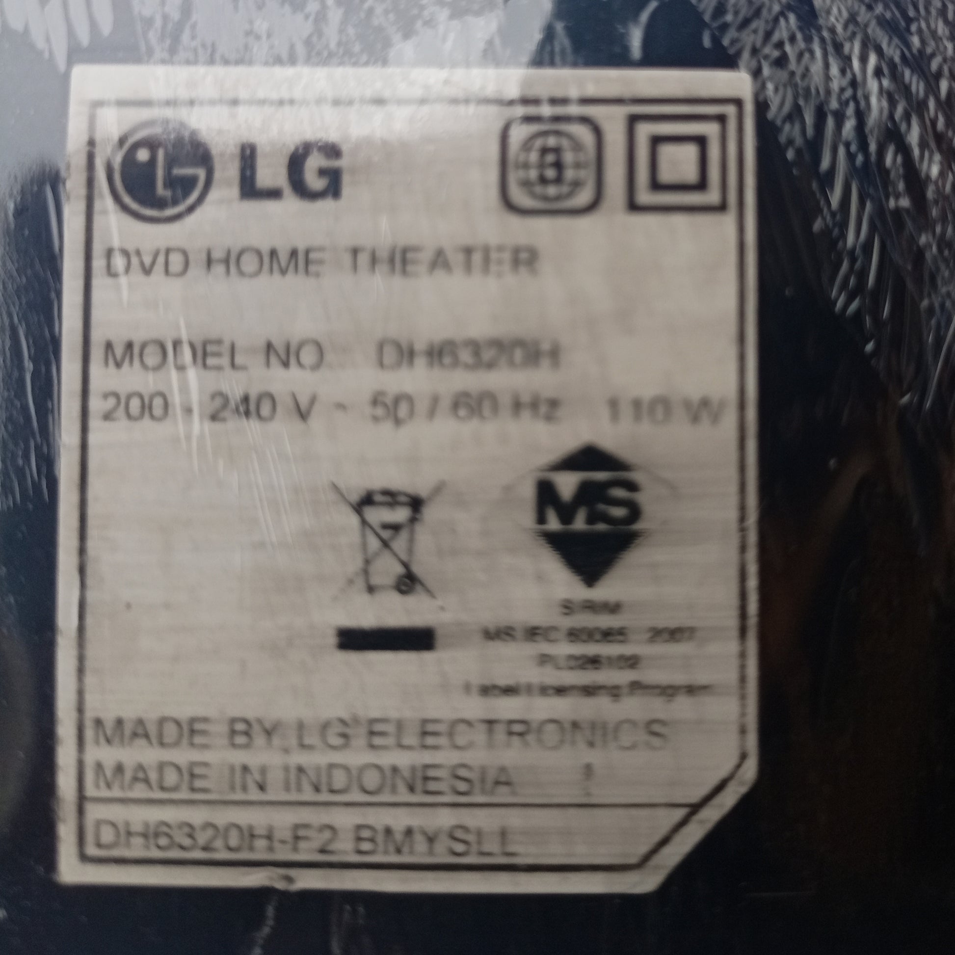 LG DH6340P 1000Watts DVD Home Theater Machine Head - Model number sticker