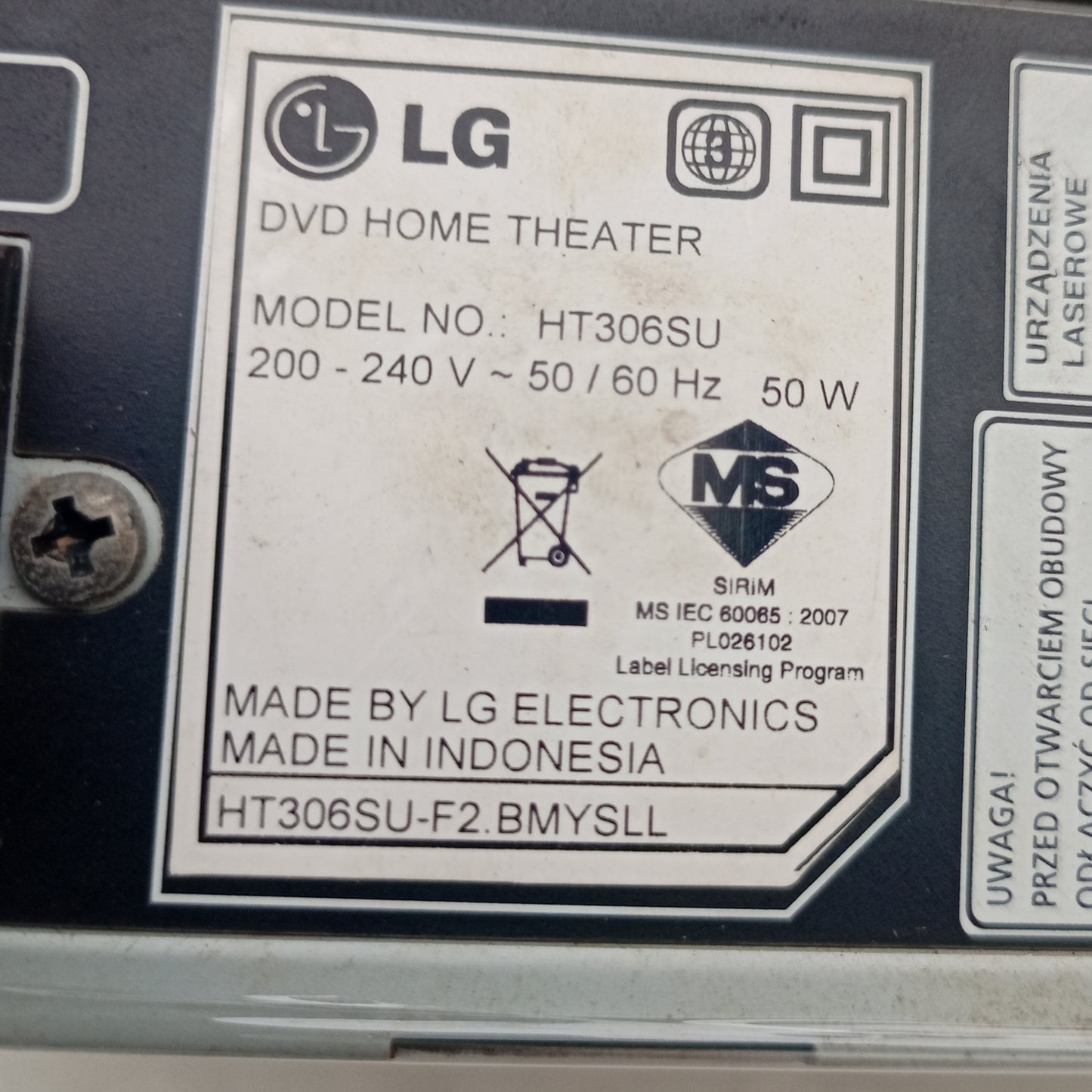 LG HT306 330Watts DVD Home Theater Machine Head - Model number